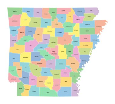 Arkansas, ABD eyaleti, 75 ilçeye bölünmüş durumda, başkenti Little Rock olan çok renkli politik harita, sınırlar ve eyalet isimleri. Güney Amerika Birleşik Devletleri 'nin Batı Güney Orta Bölgesi' nde eyalet.