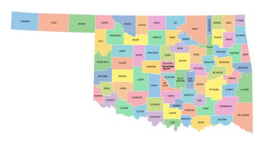 Oklahoma, U.S. state, subdivided into 77 counties, multi colored political map with capital Oklahoma City, borders and county names. State in the South Central region of United States. Native America. clipart