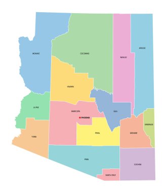 Arizona, ABD eyaleti, 15 eyalete bölünmüş, Phoenix 'in başkenti, sınırları ve ilçe isimleriyle çok renkli politik haritalar. ABD 'nin güneybatı bölgesinde Büyük Kanyon Eyaleti lakaplı bir eyalet.