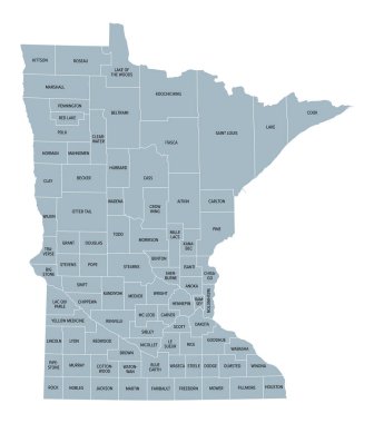 Minnesota counties, gray political map. Minnesota, a state in the Upper Midwestern region of the United States, subdivided into 87 counties. Map with boundaries and county names. Illustration. Vector clipart