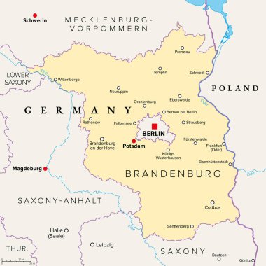 Brandenburg, a state in northeastern Germany, political map with capital and largest city Potsdam, borders, and largest cities. Brandenburg surrounds the national capital and city-state of Berlin. clipart