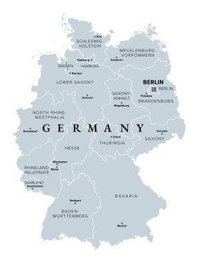 Almanya, sınırları ve başkentleri olan 16 kurucu devlet, gri politik harita. Resmi olarak Almanya Federal Cumhuriyeti, Orta Avrupa 'da başkenti Berlin olan bir ülke. İzole bir illüstrasyon. Vektör