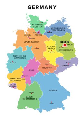 Almanya, sınırları ve başkentleri olan 16 kurucu devlet, çok renkli siyasi harita. Almanya Federal Cumhuriyeti, Orta Avrupa 'da başkenti Berlin olan bir ülke. İzole bir illüstrasyon. Vektör