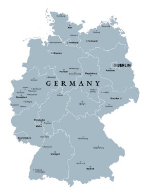 Almanya, siluet, Orta Avrupa 'da başkenti Berlin olan bir ülke, gri politik harita. Almanya Federal Cumhuriyeti 16 seçmen devleti, başkenti ve en büyük şehirleriyle. İzole illüstrasyon.