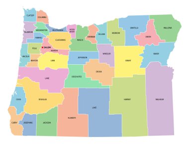 Oregon, ABD eyaleti, 36 eyalete bölünmüş, başkenti Salem, sınırları ve ilçe isimleriyle çok renkli siyasi harita. Amerika Birleşik Devletleri 'nin Kuzeybatı Pasifik bölgesinde. Kunduz Eyaleti.