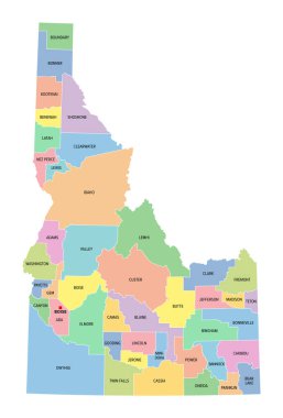 Idaho, ABD eyaleti, 44 ilçeye bölünmüş, başkenti Boise olan çok renkli siyasi harita, sınırlar ve ilçe isimleri. ABD 'nin Batı Dağ Bölgesi' nde. Gem State ya da Patates Eyaleti.