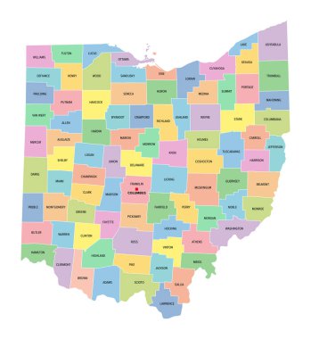 Ohio, ABD eyaleti, 88 ilçeye bölünmüş, başkenti Kolomb, sınırları ve ilçe isimleriyle çok renkli politik harita. ABD 'nin orta batı bölgesinde. Buckeye State, ve Heart of It all.