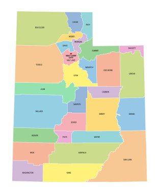 Utah, ABD eyaleti, 29 eyalete bölünmüş, başkenti Salt Lake City olan çok renkli siyasi harita, sınırlar ve ilçe isimleri. ABD 'nin batısındaki Dağ Bölgesi' nde. Arı Kovanı Eyaleti.