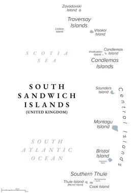 Güney Sandviç Adaları, gri politik harita. Güney Georgia ve Güney Sandwich Adaları 'ndaki Britanya Denizaşırı Toprakları' nın bir parçası. Güney Atlantik Okyanusu ve Scotia Denizi 'ndeki bir grup ada. Vektör