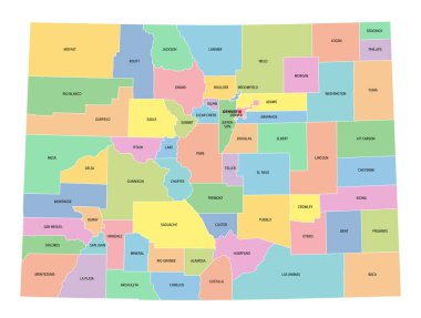 Colorado, ABD eyaleti, 64 eyalete bölünmüş, başkenti Denver olan çok renkli siyasi harita, sınırlar ve eyalet isimleri. ABD 'nin batısındaki Dağ Bölgesi' nde. Yüzüncü Yıl Devleti.