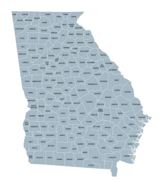 Georgia counties, gray political map. State in the Southeastern region of the United States, subdivided into 159 counties. Nicknamed Peach State, and Empire State of the South. Map with county names. clipart