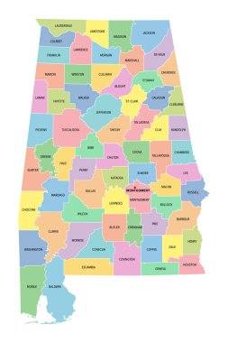 Alabama, ABD eyaleti, 67 ilçeye bölünmüş, başkenti Montgomery olan çok renkli siyasi harita, sınırlar ve eyalet isimleri. Birleşik Devletler 'in güneydoğu bölgesinde. Sarı Çekiç Eyaleti.