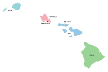 Hawaii, ABD eyaleti, Honolulu 'nun başkenti ile çok renkli politik harita. Pasifik 'teki ada eyaleti Hawaii, Honolulu, Kalawao, Kauai ve Maui' ye bölünmüştür. Aloha Eyaleti.