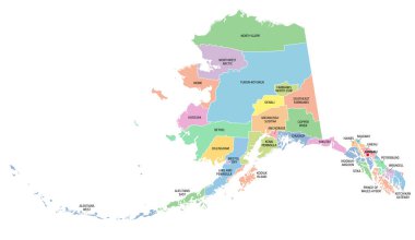 Alaska, ABD eyaleti, 19 organize ilçeye ve 11 nüfus sayım bölgesine bölünmüş, çok renkli siyasi harita. Batı Amerika bölgesinde, Kuzey Amerika 'nın kuzeybatısında bulunan bir eyalet. Son Sınır.