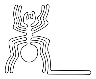 Örümcek. Güney Peru çölündeki Nazca hatları. Sürekli tek bir çizgiden yapılmış. Yaklaşık 46 metre vücut uzunluğu sadece M.Ö. 500 ile 500 yılları arasında oluşan yüksek yerlerden ya da havadan görülebilir..