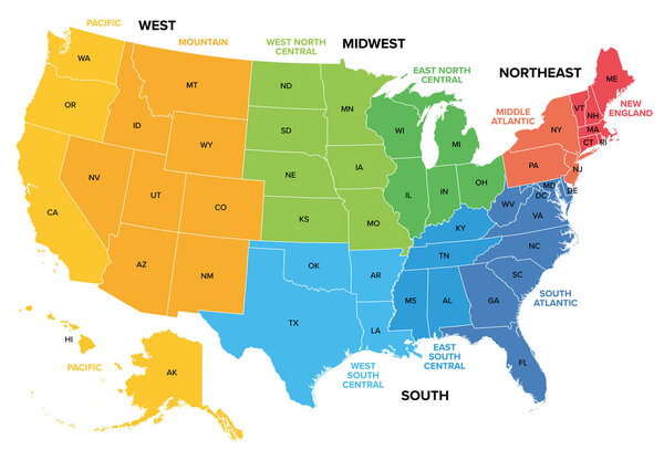 Соединенные Штаты Америки, регионы и разделения переписи населения, цветная политическая карта. Карта США с четырьмя основными регионами, девятью дивизионами, пятьюдесятью штатами и округом Колумбия. Изолированная иллюстрация.