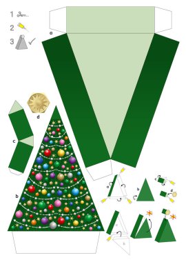 Noel ağacı kutusunun kağıt modelinin şablonu. Ulaşılabilir bir yıldızla kapatabileceğin bir Noel ağacı kutusu yapmak için basılabilir çarşaf. Kesme, katlama ve yapıştırma için bireysel adımları takip et.