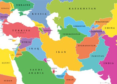 Güneybatı Asya. Siyasi harita. Tek ülkelerin çok renkli siluetleri var. Batı, Batı ya da Güneybatı Asya olarak da bilinir, Kafkasya bölgesi de dahil olmak üzere Orta Doğu ile çakışan bir alt bölge..