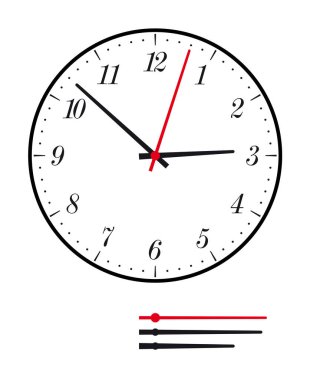 Elegant dial of a watch. Circular analog clock face with italic numbers for hours, division into 60 minutes, hands for minutes and hours, and with a red second hand. Isolated illustration over white. clipart