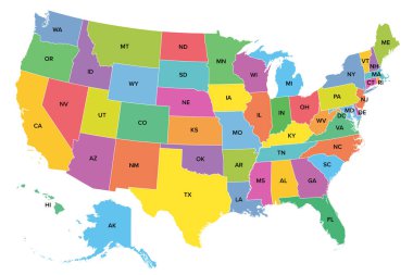 Amerika Birleşik Devletleri, 50 eyaletin siluetleri ve posta kısaltmaları ile çok renkli politik harita, ve istatistikler için kullanıldığı gibi Columbia federal bölgesi. Vektör.