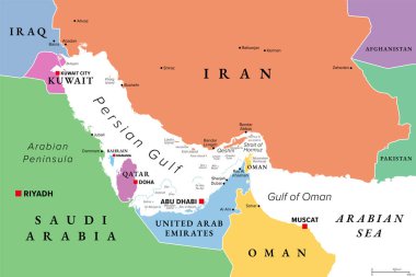 Basra Körfezi bölgesi, çok renkli siyasi harita. Batı Asya 'da, İran ve Arap Yarımadası arasında yer alan Arap Körfezi doğuda Hürmüz Boğazı ile Umman Körfezi' ne bağlanmıştır..