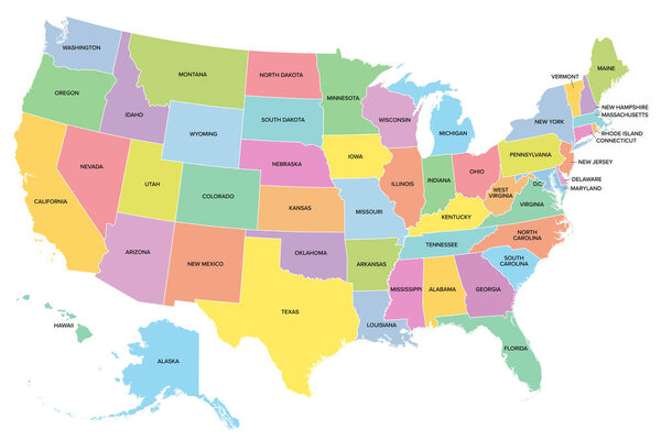 Соединенные Штаты Америки, разноцветная политическая карта с силуэтами 50 штатов и их названиями, а также с федеральным округом Колумбия, как таковая карта используется для статистики. Вектор.