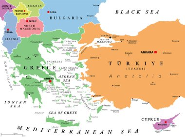 Ege Denizi bölgesi, Ege Adaları, çok renkli siyasi harita. Avrupa ile Asya arasında, Balkanlar ile Anadolu, Yunanistan ve Türkiye arasında yer alan Akdeniz 'in uzatılmış embaymanı.