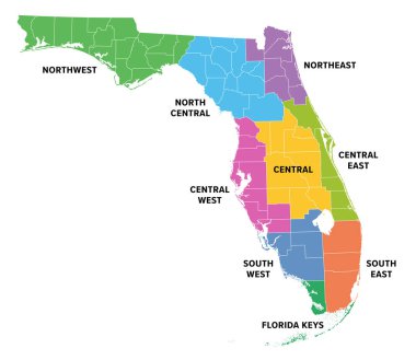 Florida bölgeleri, Birleşik Devletler 'in güneydoğusunda bir eyalet, renkli bir harita. Amerika Birleşik Devletleri 'nin 9 ana bölgeye bölünmesi sıklıkla kullanılır ve 67 ilçenin sınırları vardır. İzole illüstrasyon.