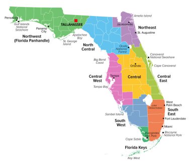 Regions of U.S. state Florida, multi colored map showing travel regions, subregions, cities, and major destinations. State in Southeastern United States with capital Tallahassee. Isolated illustration clipart