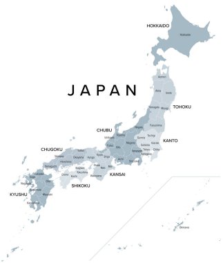 Japonya, bölgeler ve vilayetler, gri politik harita. Japonya 'nın sekiz bölgesi, üniter devletin birinci seviye idari bölümleri olan 47 vilayete ayrılmıştır. İzole illüstrasyon.