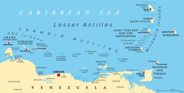 Kasırgadan arınmış Karayip adaları, politik haritalar. Leeward Antilleri ve Windward Adaları Kasırgalardan en güvende olanlardır. Aruba, Barbados, Bonaire, Curacao, Grenada, The Grenadines, Trinidad ve Tobago.