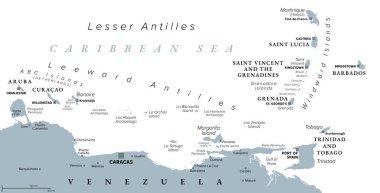 Kasırgadan arınmış Karayip adaları, gri politik harita. Leeward Antilles ve Windward Adaları kasırgalardan en güvende olanlardır. Aruba, Barbados, Bonaire, Curacao, Grenada, The Grenadines, Trinidad ve Tobago.