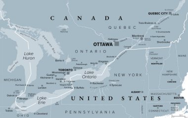 Quebec City Windsor Corridor, gray political map. Most densely populated and heavily industrialized region of Canada. The region extends between Quebec City in the northeast and Windsor, Ontario. clipart