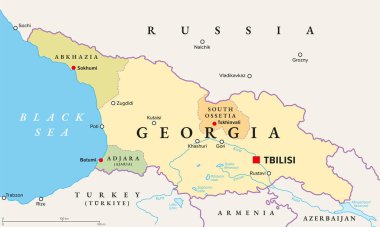 Gürcistan 'ın başkenti Tiflis, siyasi harita. Doğu Avrupa ve Batı Asya 'daki bir ülke, Kafkasya bölgesinin bir parçası. Özerk Abhazya ve Adjara cumhuriyetleri ve bağımsız Güney Osetya bölgesi.