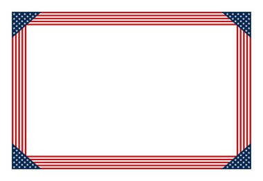 Amerikan bayrağı tarzı dikdörtgen kenarlı, kırmızı ve beyaz çizgili, mavi köşeli. Boş merkez alan, metin veya diğer içerik için alan sağlıyor. İzole illüstrasyon.
