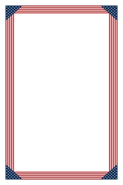 Amerikan bayrağı tarzı dikey dikdörtgen kenarı. Mavi köşeli, kırmızı ve beyaz çizgileri var. Boş merkez alan metin veya diğer içerik için yer sağlar. İzole edilmiş. Vektör.
