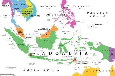 Indonesia, country in Southeast Asia and Oceania, colored political map. Republic and archipelago with capital Jakarta, and largest islands Sumatra, Java, Sulawesi, and parts of Borneo and New Guinea. clipart