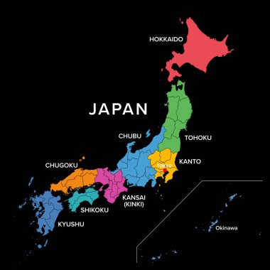 Japonya 'nın bölgelerinde, siyahtan çok renkli politik haritalar var. Geleneksel birimler istatistik ve diğerleri için kullanılır. Hokkaido, Tohoku, Kanto, Chubu, Kansai veya Kinki, Chugoku, Shikoku ve Kyushu ile Okinawa.