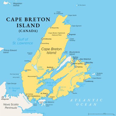 Cape Breton Adası, Nova Scotia, Kanada, politik harita. Kuzey Amerika 'nın Atlantik kıyısında engebeli ve düzensiz şekilli bir ada. Canso Boğazı tarafından Nova Scotia Yarımadası 'ndan fiziksel olarak ayrılmış..