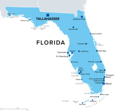 Florida, ABD eyaleti, politik harita. ABD 'nin güneydoğu bölgesinde, başkenti Tallahassee ve en büyük şehirleriyle. Lakabı 