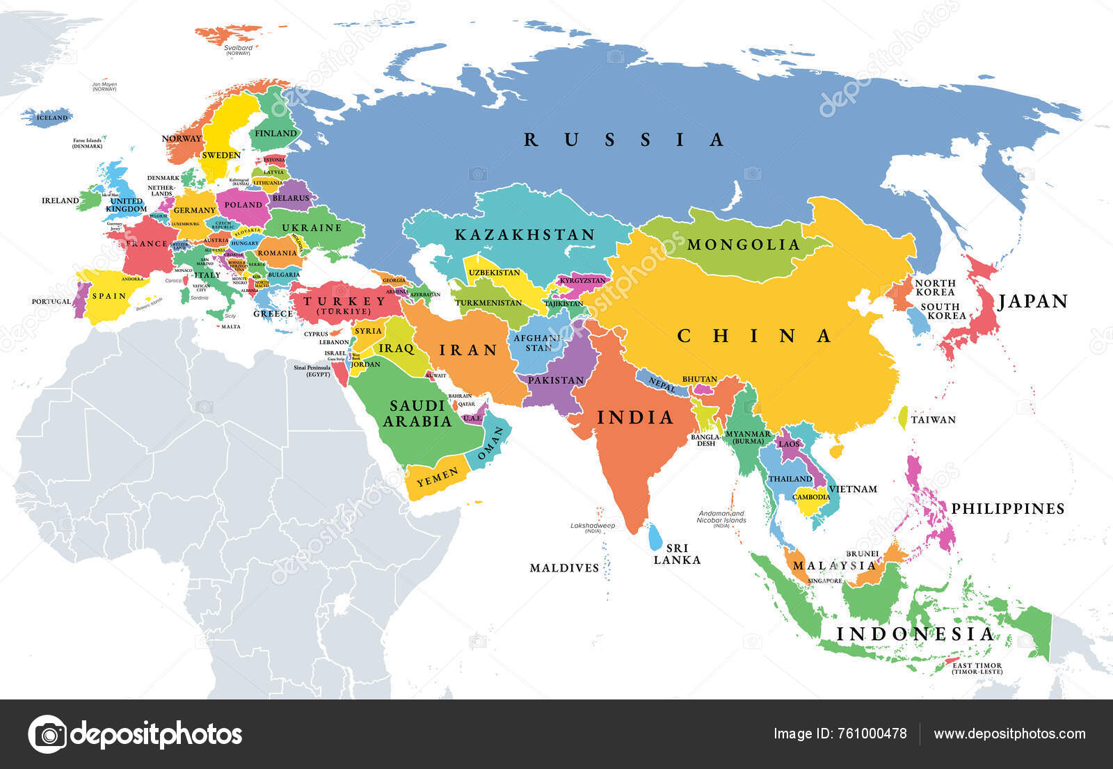 ユーラシア 個別に色付けされた州の政治地図 ヨーロッパとアジアのすべての陸地を含む 地球上で最大の大陸領域 そのほぼ100の州では それはまた  超大陸と呼ばれています ストックベクター ©Furian 761000478