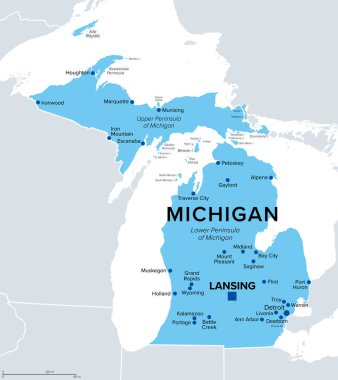 Michigan, ABD eyaleti, politik harita. Amerika Birleşik Devletleri 'nin kuzeybatısındaki Great Lakes bölgesinde başkenti Lansing ve Detroit metropolitan bölgesinde. Büyük Göl Eyaleti ve Wolverine Eyaleti.