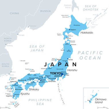 Japonya, Doğu Asya 'da bir ada ülkesi, siyasi harita, başkent Tokyo ve Honshu, Hokkaido, Kyushu, Shikoku ve Okinawa adaları ile. Kuzey Pasifik Okyanusu 'ndaki 14,125 adanın takımadaları.