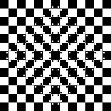 Bulging checkerboard geometrical-optical illusion. Fully regular checkerboard of black and white squares with straight side lines. The 3D impression and illusion of a bulge is created by small dots. clipart