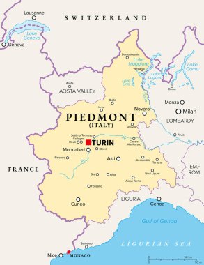 İtalya 'nın kuzeybatısındaki Piedmont bölgesi, siyasi harita. İtalya 'nın başkenti Torino, Fransa, İsviçre ve Aosta Vadisi, Lombardiya, Emilia-Romagna ve Liguria ile sınır komşusudur..