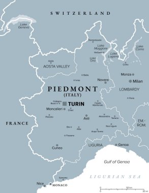 Kuzeybatı İtalya 'daki Piedmont bölgesi, gri politik harita. Fransa, İsviçre ve Aosta Vadisi, Lombardiya, Emilia-Romagna ve Liguria ile sınır komşusu olan ikinci büyük İtalyan bölgesi..