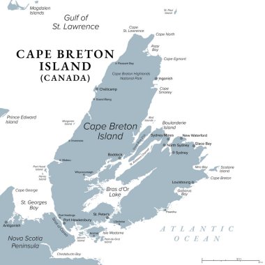 Cape Breton Adası, Nova Scotia, Kanada, gri politik harita. Kuzey Amerika 'nın Atlantik kıyısındaki engebeli ve düzensiz şekilli ada. Canso Boğazı tarafından Nova Scotia Yarımadası 'ndan ayrıldı..