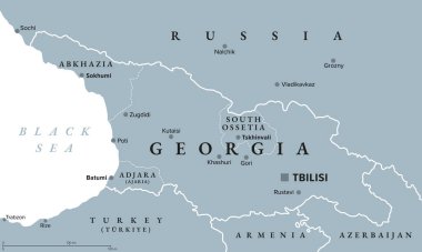 Gürcistan 'ın başkenti Tiflis, gri siyasi harita. Doğu Avrupa ve Batı Asya 'daki bir ülke, Kafkasya bölgesinin bir parçası. Özerk cumhuriyetler Abhazya ve Adjara ile Güney Osetya 'da bağımsız bölge.