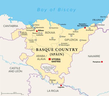 Bask Ülkesi, Euskadi, başkent Vitoria-Gasteiz ile siyasi harita ve en büyük şehir Bilboa. Kuzey İspanya 'daki Bask Özerk Topluluğu, Otomobil, Bizkaia ve Gipuzkoa illerini kapsar..