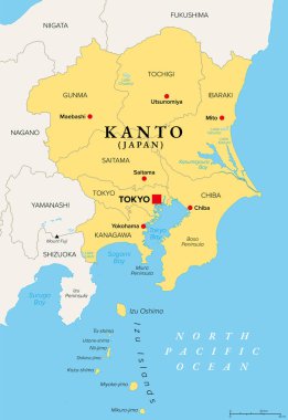 Kanto region of Japan, political map. Geographical region of the island Honshu, including the Greater Tokyo Area, encompassing prefectures Gunma, Tochigi, Ibaraki, Saitama, Tokyo, Chiba and Kanagawa. clipart